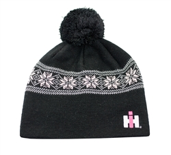 Womens IH Jaquard Knit Hat -Grey/Pink w/Pom Pom