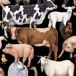 Packed Farm Animals Fabric - Black