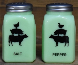 Arch Salt & Pepper, Stacked Farm Animals, Jadite, Depression Style Glass